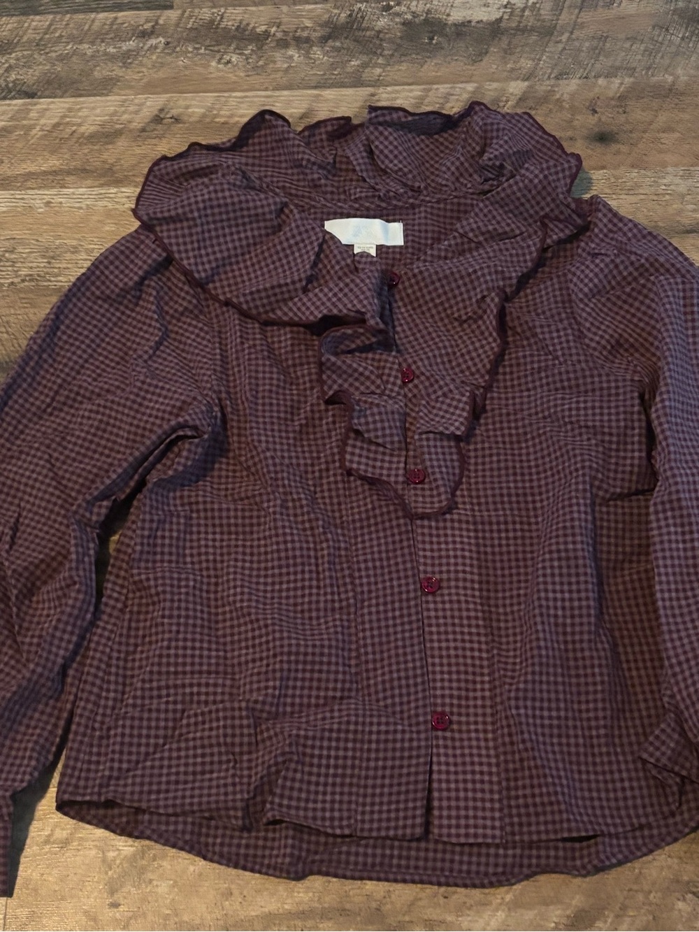 Zara Ruffled Plaid Button-Down Shirt - Burgundy